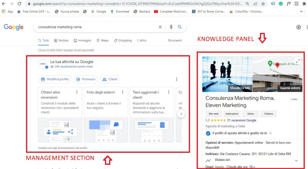 Gestire Profilo Google My Business dalla ricerca di Google, Management Section e Knowledge Panel