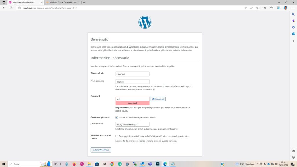 Come installare WordPress in locale con WAMP: credenziali WordPress