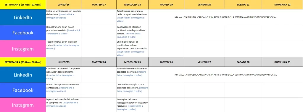 Esempio Calendario Editoriale Social