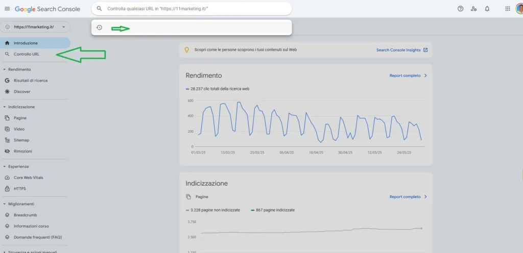 Guida Google Search Console, sezione Controllo URL