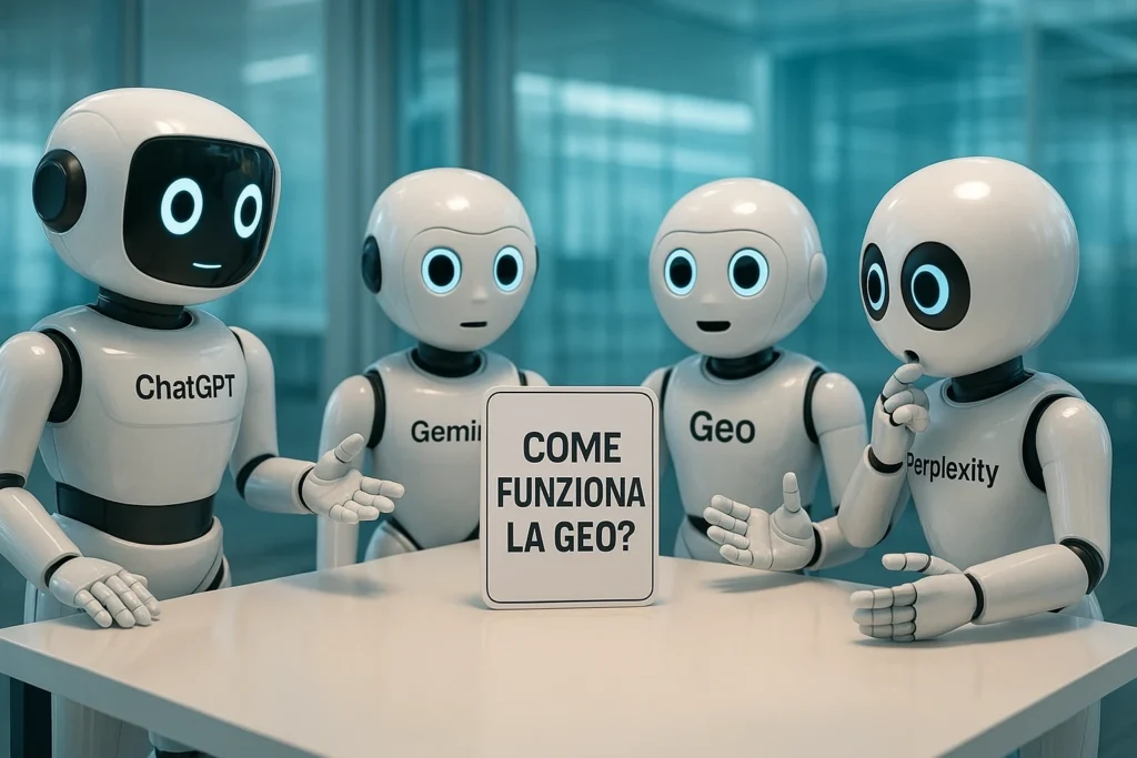 mmagine 2: fanno a braccio di ferro, sorridendo (uno ha sul braccio la scitta SEO e l'altro la scritta GEO)