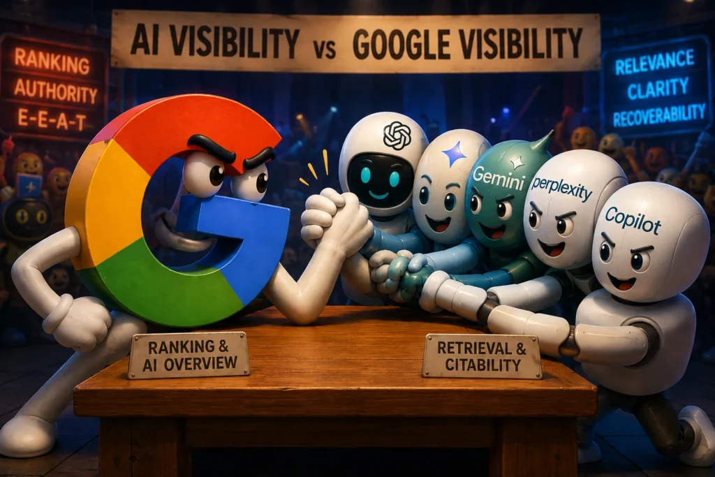AI Visibility vs Google Visibility Perché le AI Continuano a Citarmi ma Google No