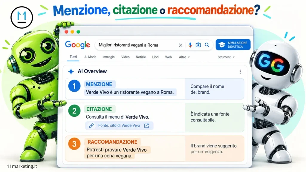Due chatbot presentano una simulazione di Google AI Overview con esempi di menzione, citazione e raccomandazione di Verde Vivo.